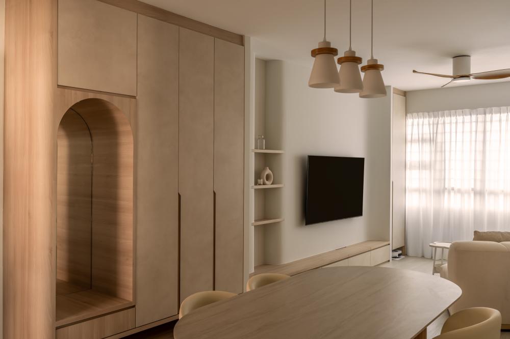 Scandinavian Living Room with Wood Flooring and TV Console