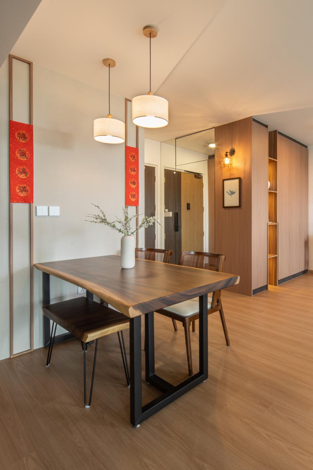 Scandinavian Dining Room with Drop Light and Ceiling Light