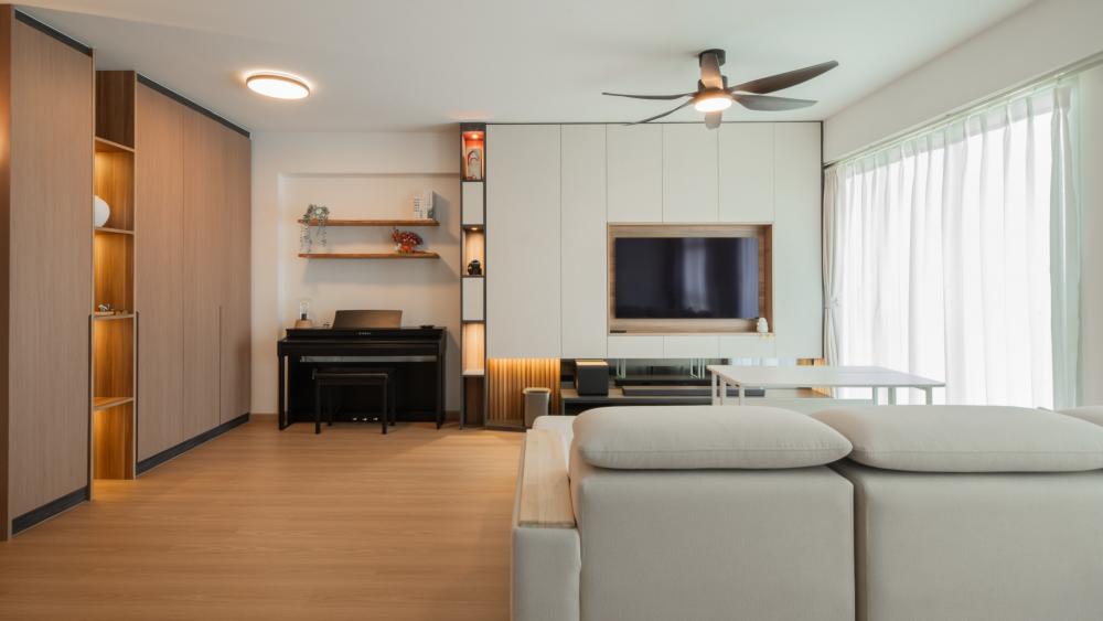 Scandinavian Living Room with Bookshelf and Feature Wall