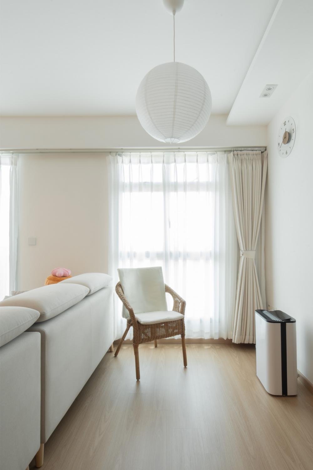 Scandinavian Living Room with Bookshelf and Ceiling Light