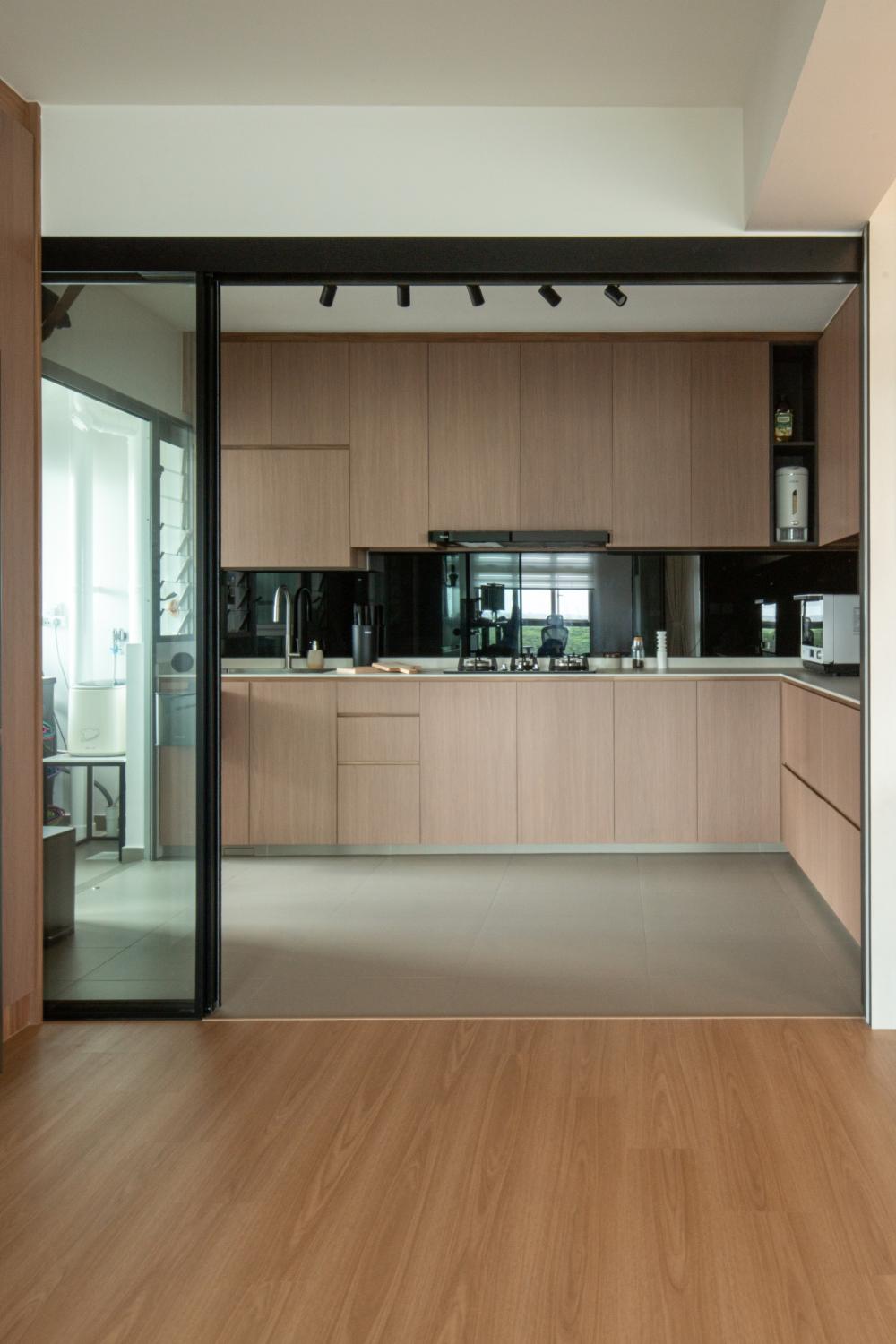 Scandinavian Kitchen with Marble Floor and Wood Flooring