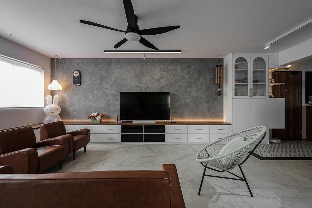 Industrial Living Room with TV Console and Feature Wall