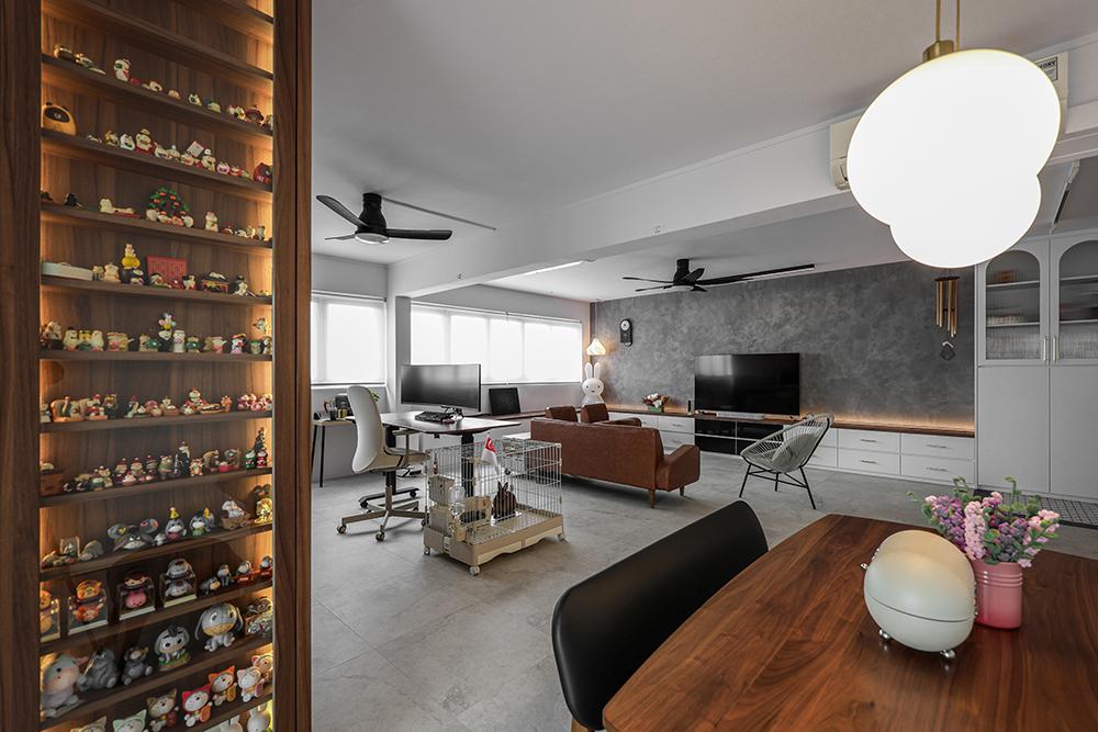 Industrial Living Room with Homogeneous Tiles and TV Console