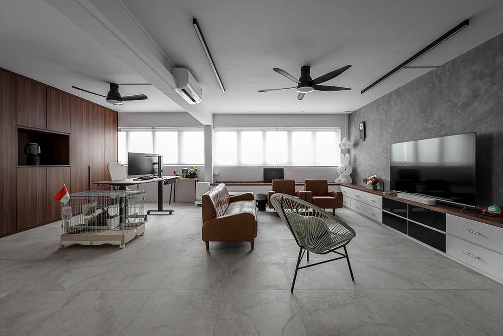 Industrial Living Room with TV Console and Feature Wall