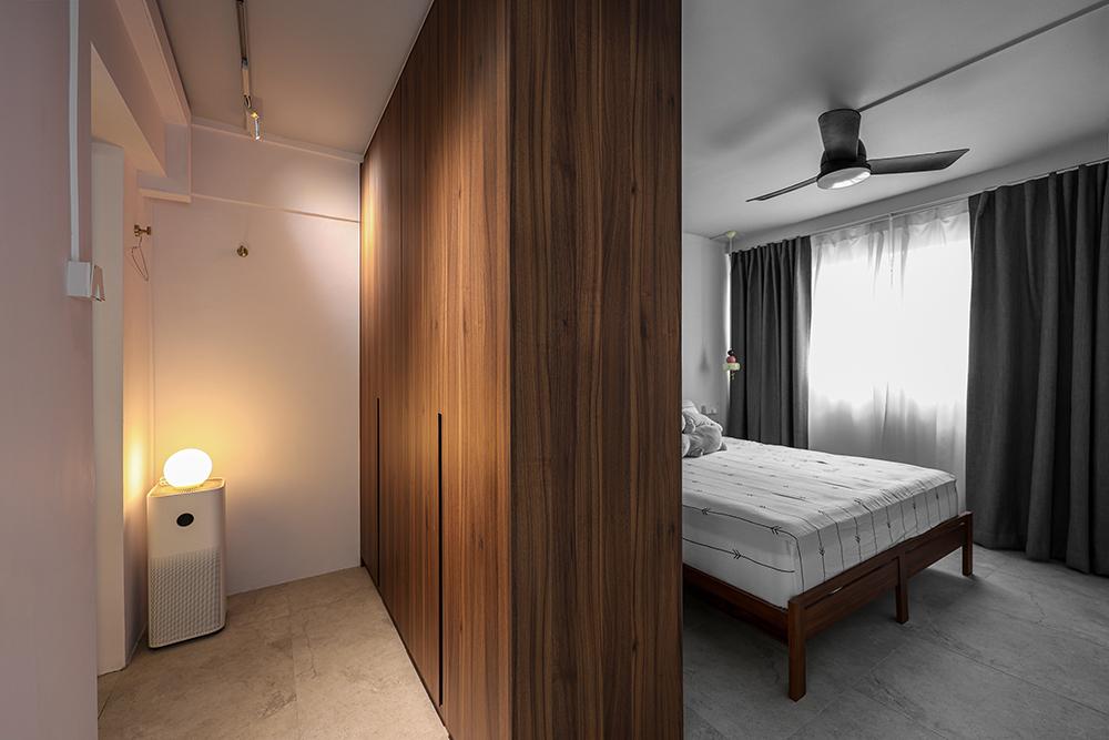 Industrial Bedroom with Homogeneous Tiles and Wardrobe