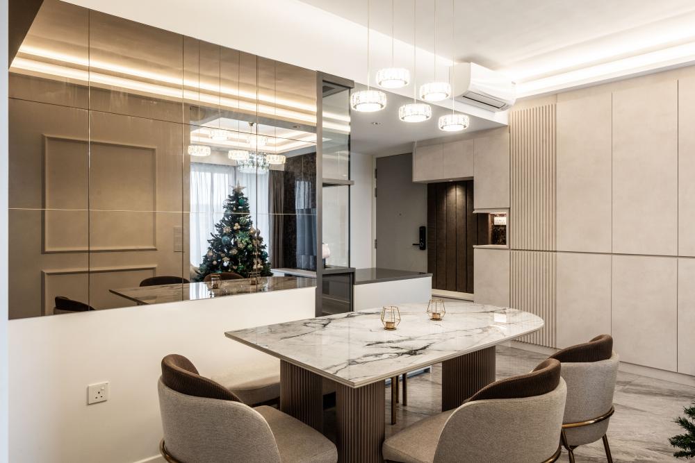 Contemporary Dining Room with Drop Light and Chandelier