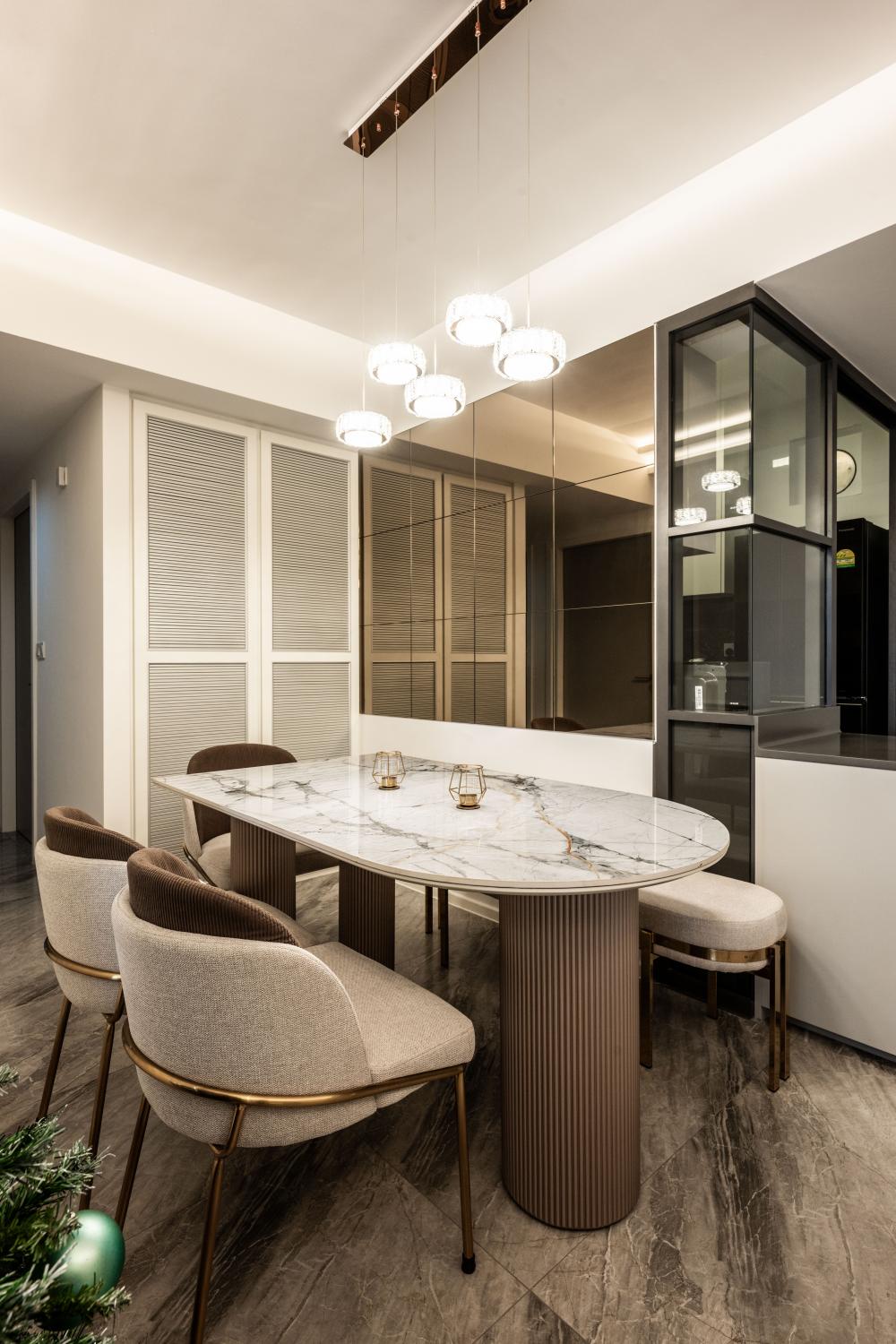 Contemporary Dining Room with Drop Light and Dining Table
