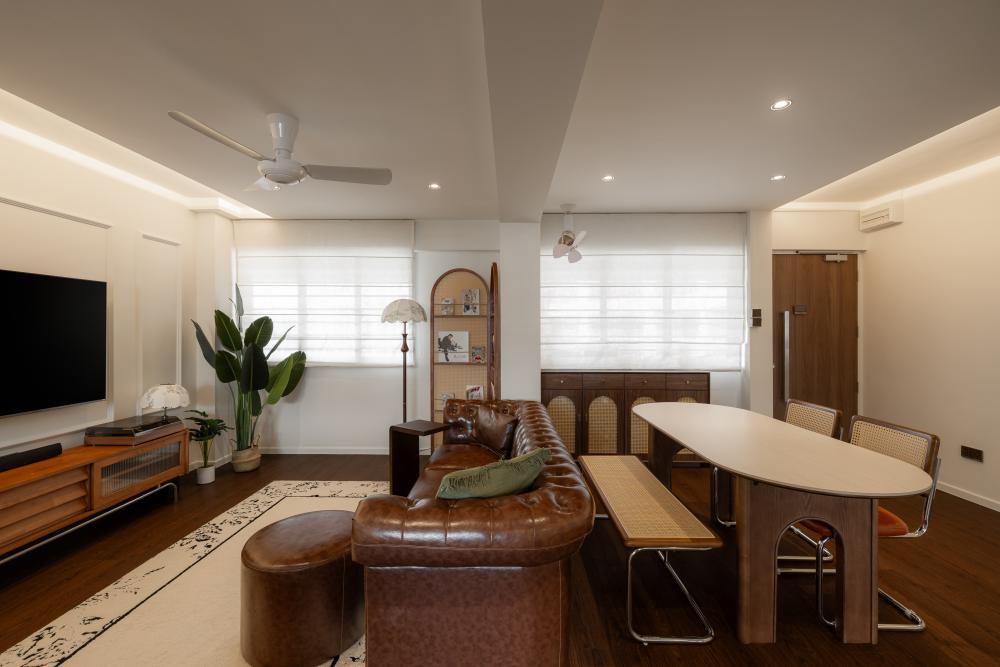 Vintage Living Room with TV Console and Cove Lighting
