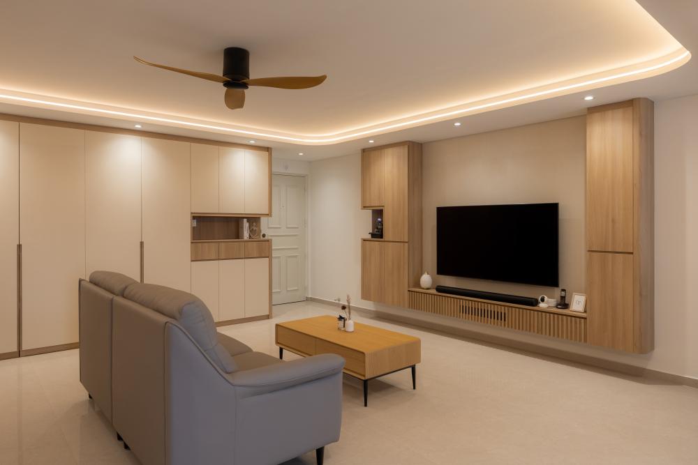 Contemporary Living Room with TV Console and Cove Lighting