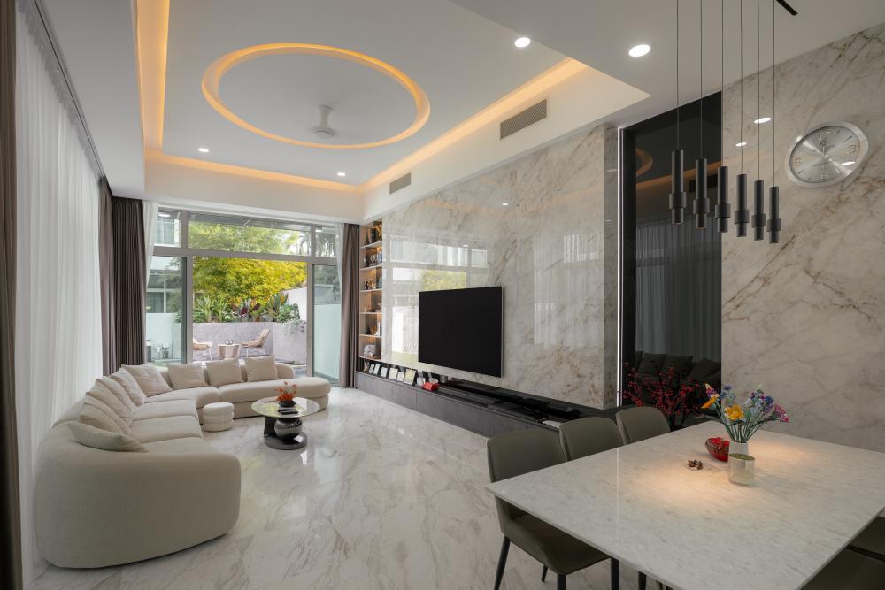 Contemporary Living Room with TV Console and Feature Wall