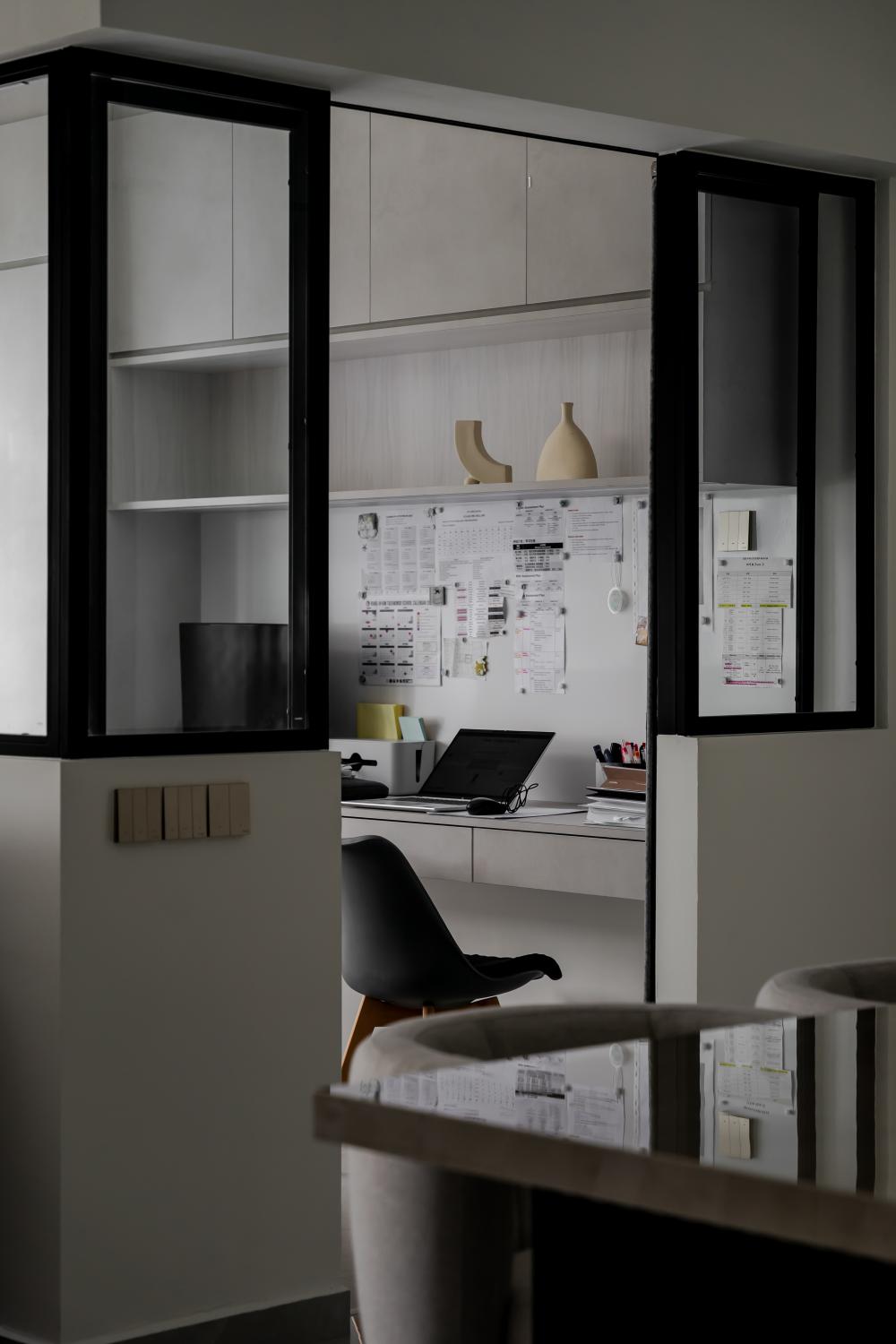 Contemporary Home Office with Bookshelf and Desk