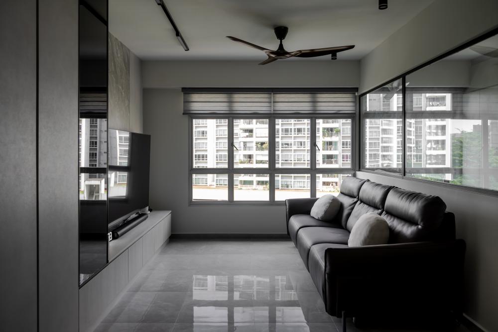 Contemporary Living Room with Homogeneous Tiles and TV Console