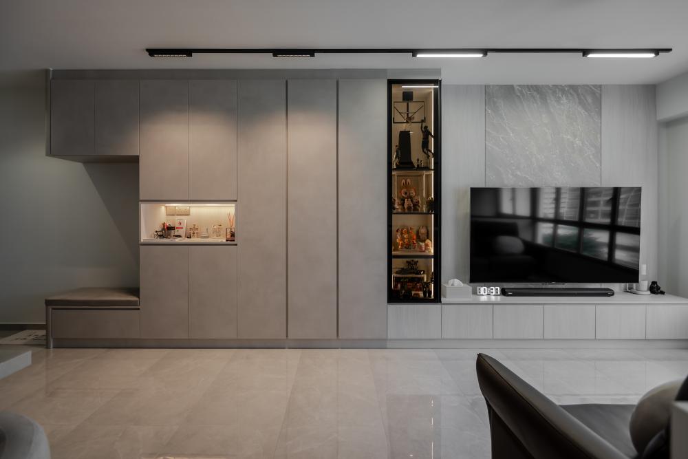 Contemporary Living Room with Granite Floor and TV Console