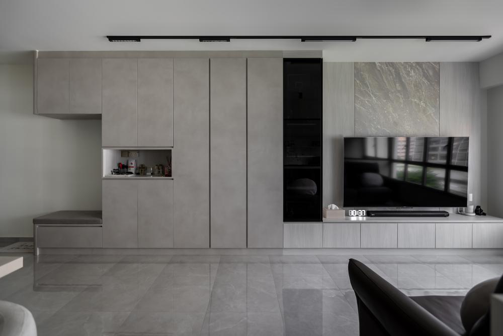 Contemporary Living Room with Homogeneous Tiles and TV Console
