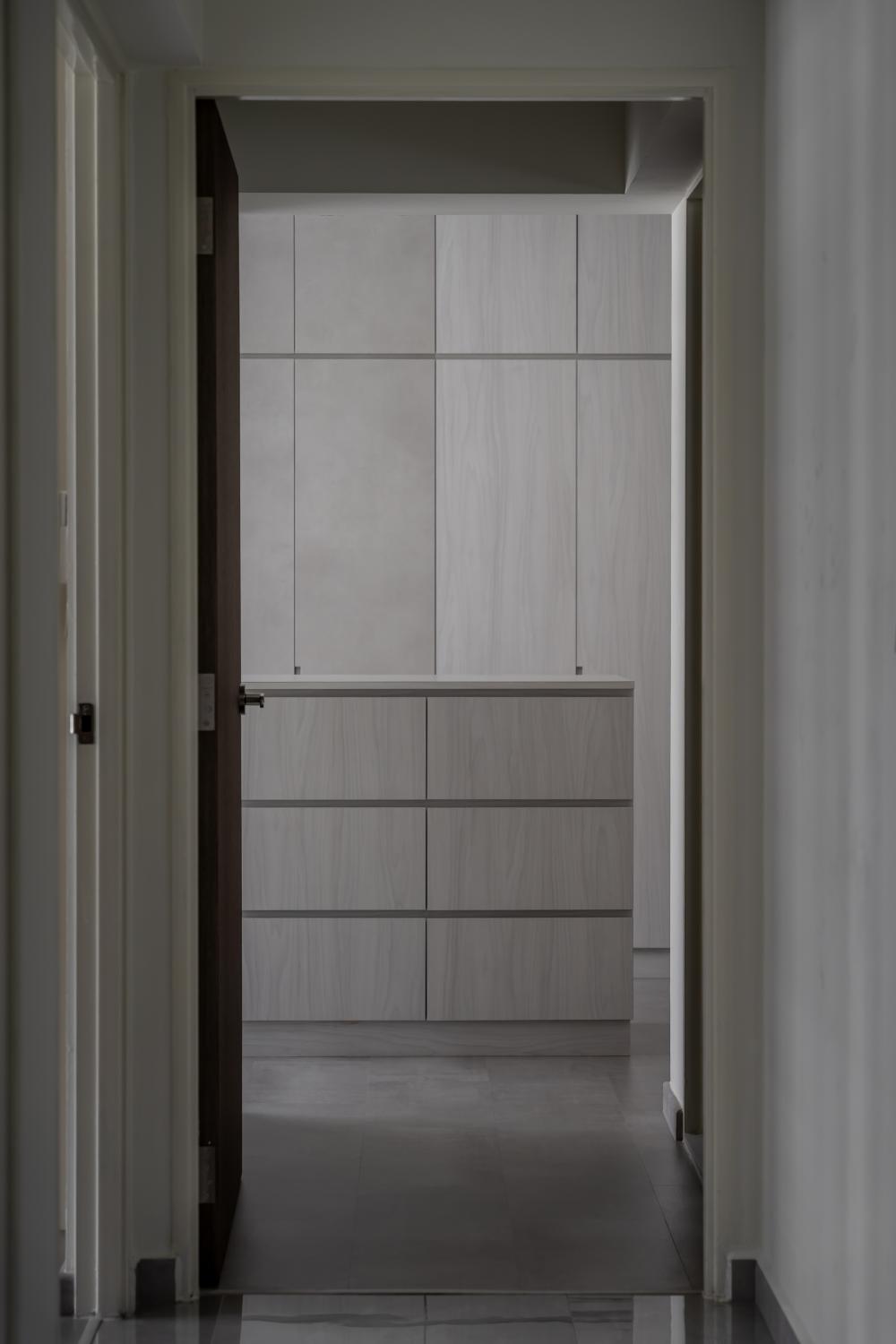 Contemporary Bedroom with Wood Flooring and Drop Light