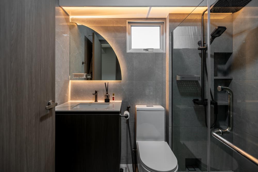Contemporary Bathroom with Wood Flooring and Mirror