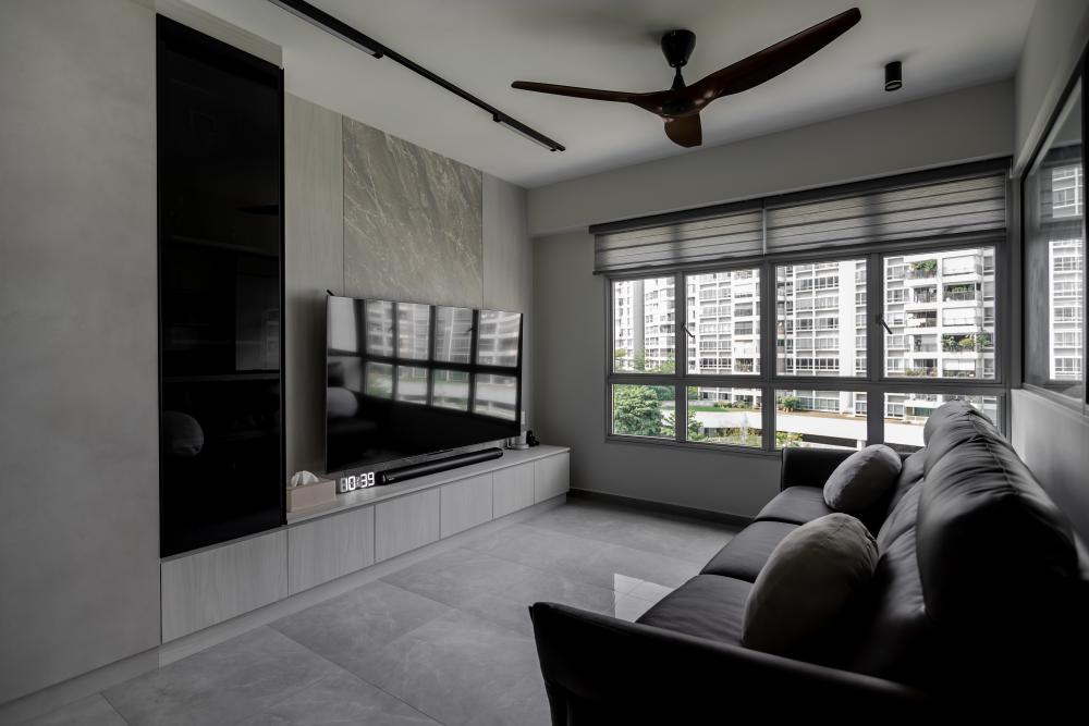 Contemporary Living Room with Feature Wall and Mirror