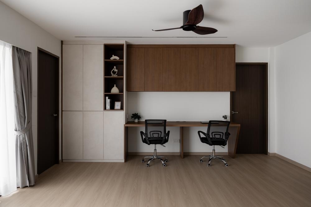 Contemporary Home Office with Bookshelf and Desk