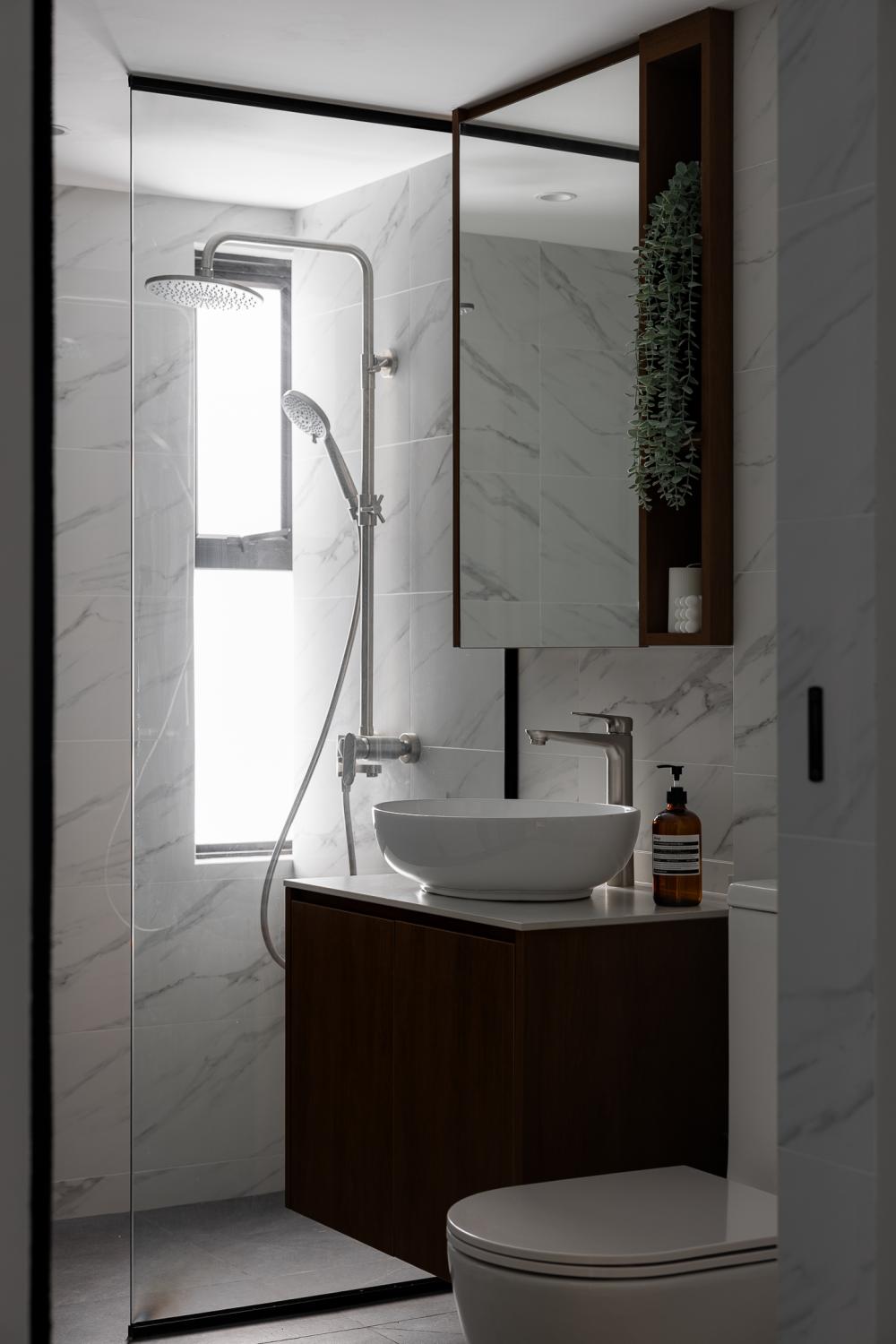 Contemporary Bathroom with Herringbone Tiling and Cement Floor