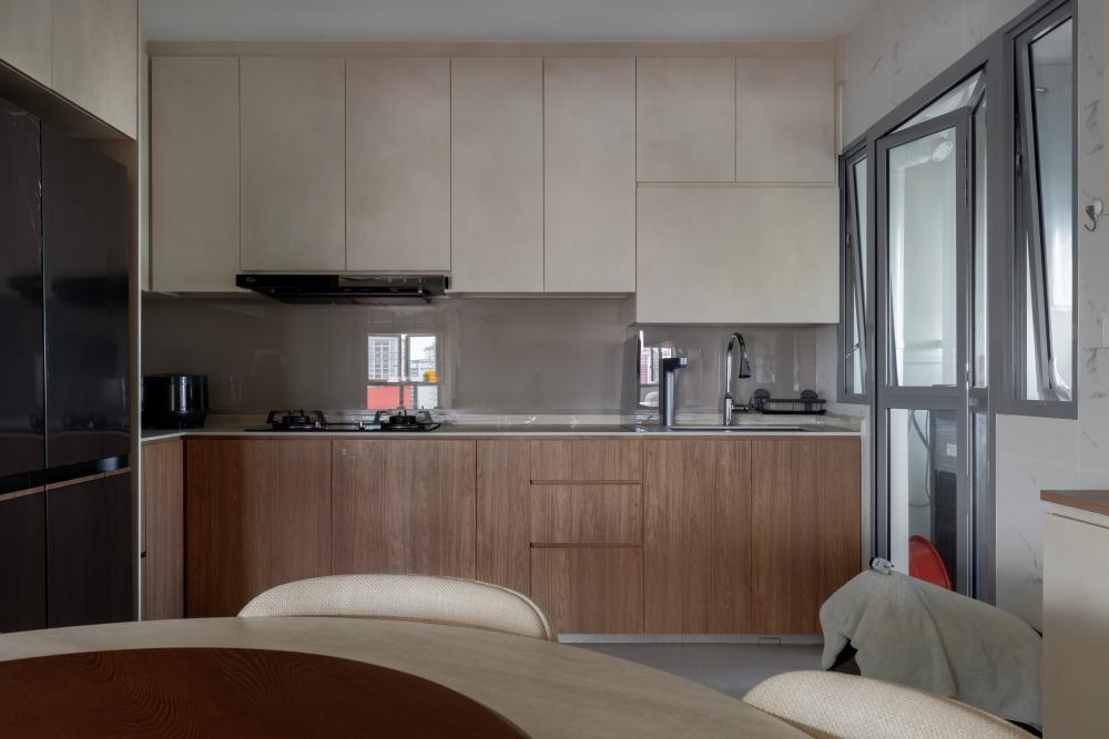 Scandinavian Kitchen with Marble Floor and Wood Flooring