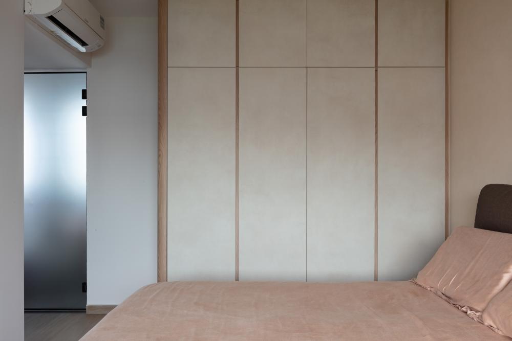 Scandinavian Bedroom with Herringbone Tiling and Wood Flooring