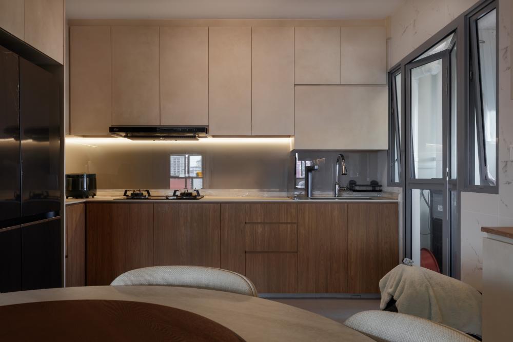 Scandinavian Kitchen with Herringbone Tiling and Marble Floor