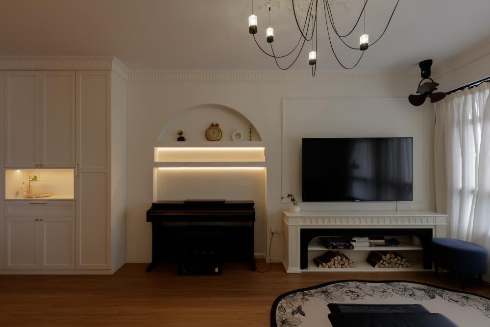 Contemporary Living Room with Granite Floor and TV Console