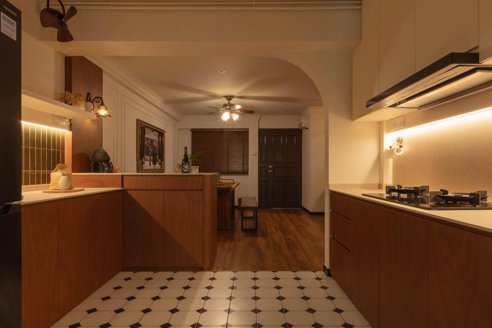 Contemporary Kitchen with Parquet Floor and Cement Floor
