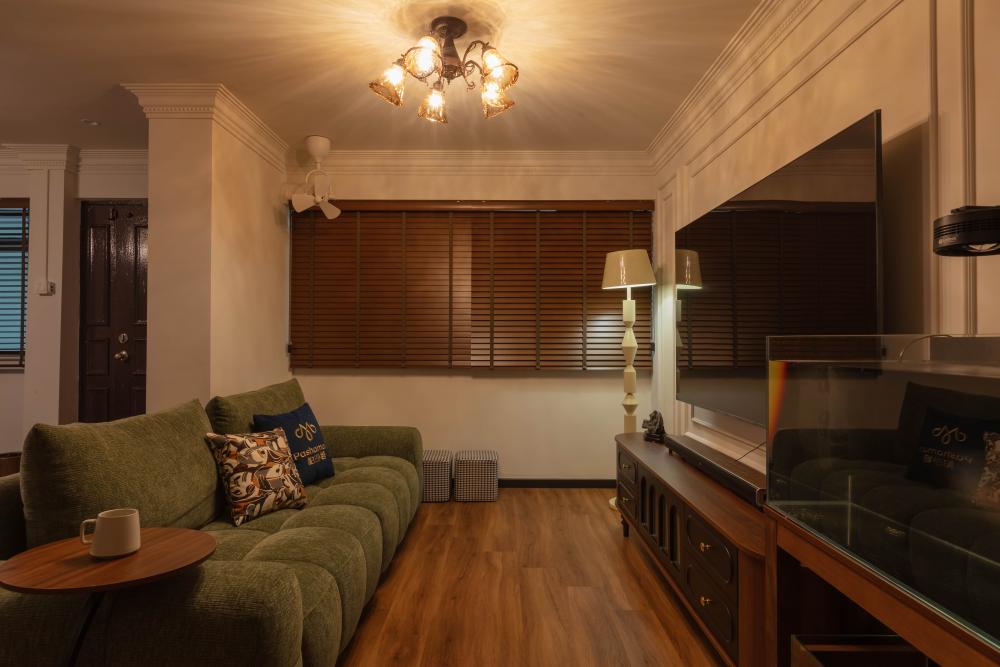 Contemporary Living Room with Granite Floor and Feature Wall