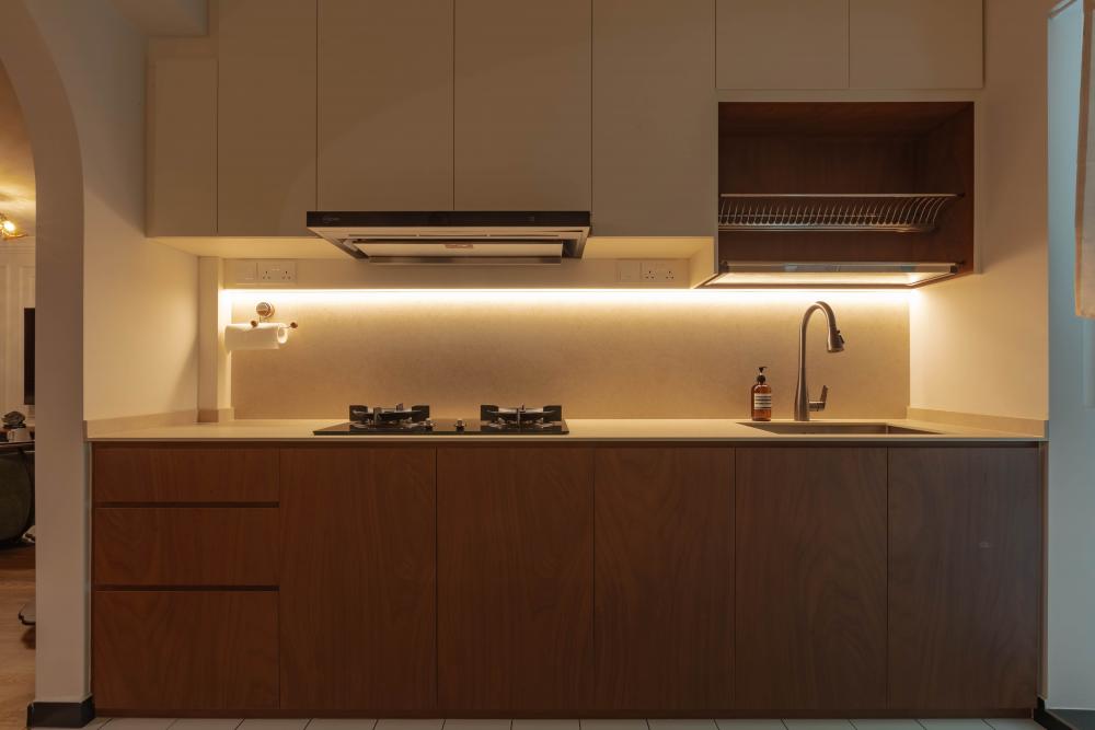 Contemporary Kitchen with Parquet Floor and Cement Floor