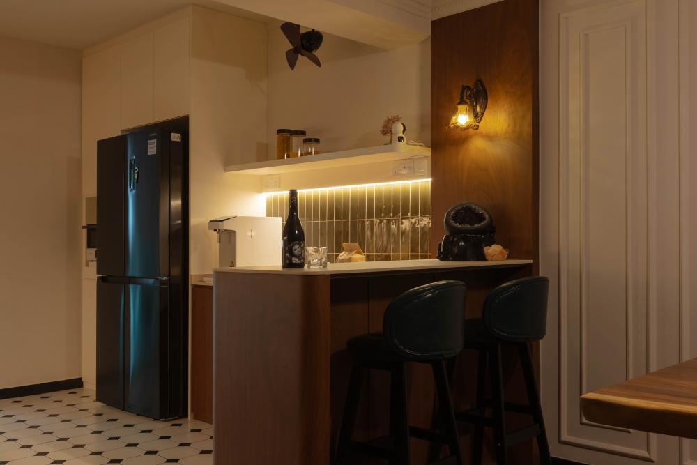 Contemporary Kitchen with Herringbone Tiling and Wood Flooring