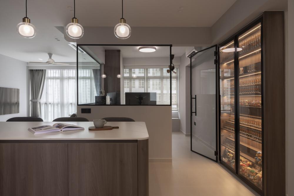 Contemporary Home Office with Bookshelf and Desk Chairs