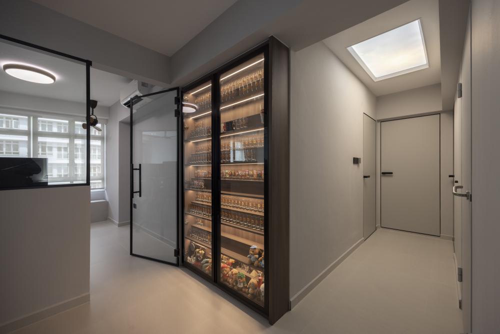 Contemporary Hallway with Glass Door and Paintings