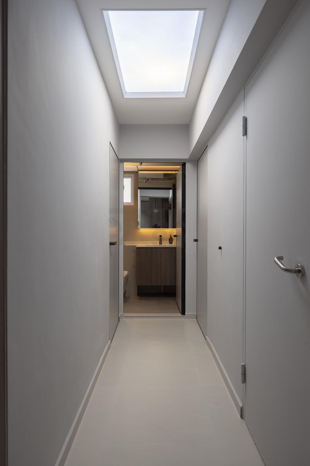 Contemporary Hallway with Paintings and Flooring
