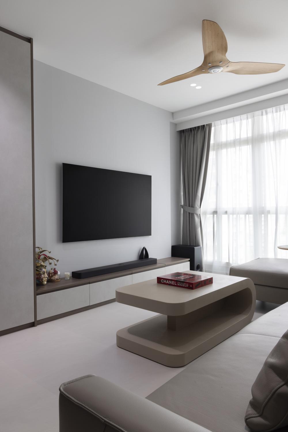 Contemporary Living Room with TV Console and Paintings