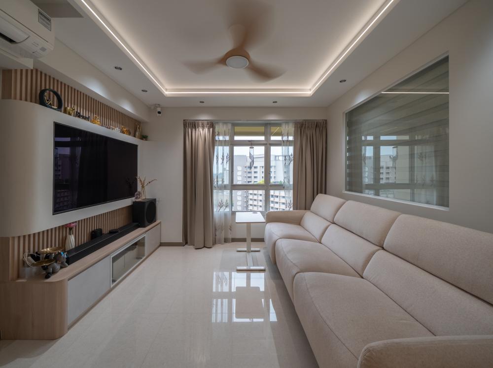 Contemporary Living Room with Feature Wall and Downlights