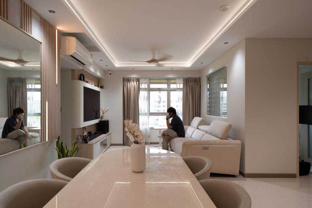 Contemporary Living Room with Granite Floor and Feature Wall
