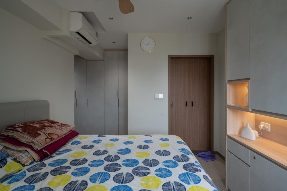 Contemporary Bedroom with Wood Flooring and Drop Ceiling