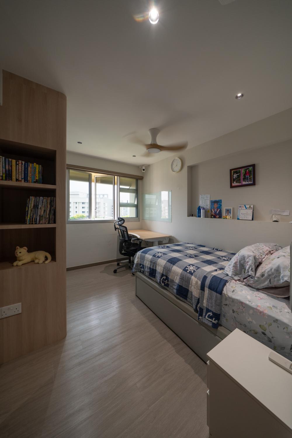 Contemporary Bedroom with Wood Flooring and Roller Blinds