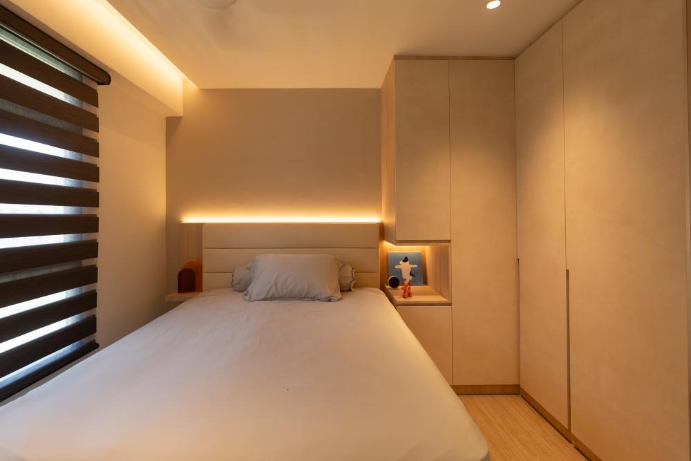 Contemporary Bedroom with Wood Flooring and Drop Light