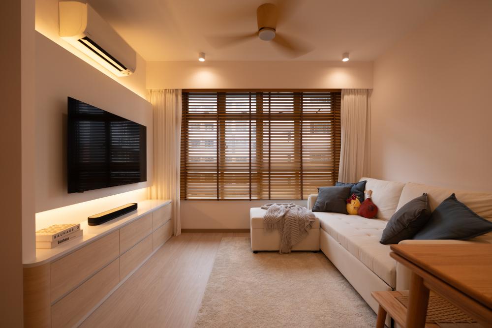 Contemporary Living Room with Herringbone Tiling and Granite Floor