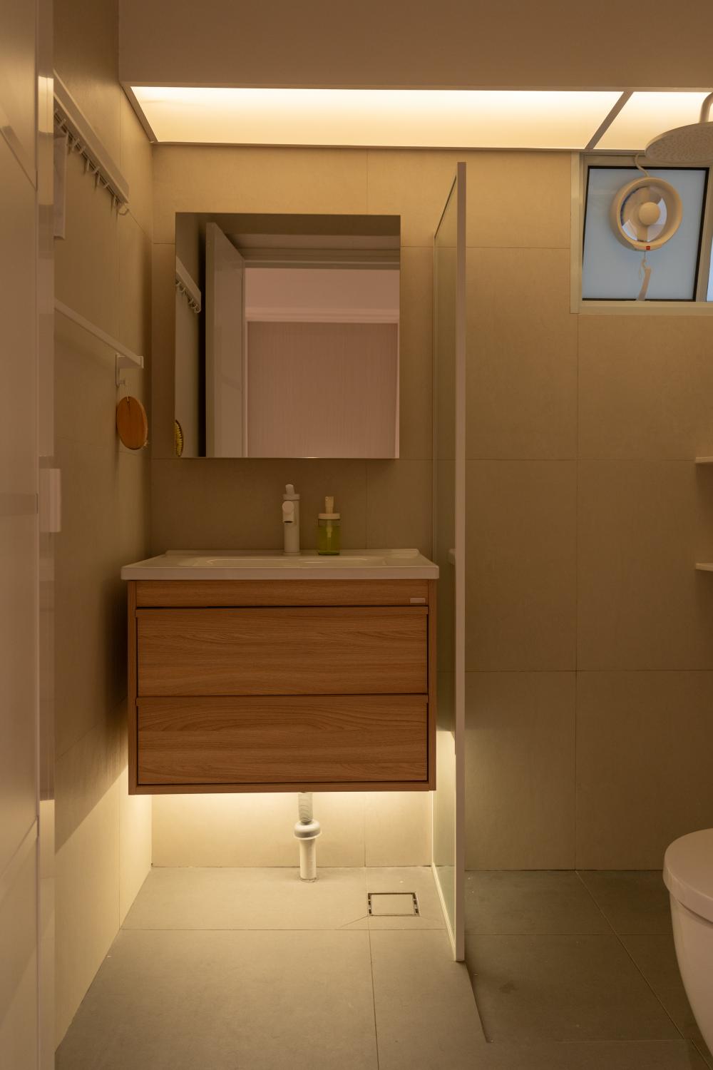 Contemporary Bathroom with Wood Flooring and Mirror