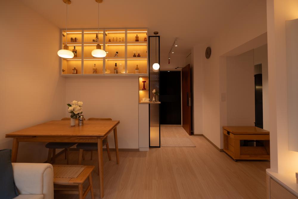 Contemporary Living Room with TV Console and Downlights