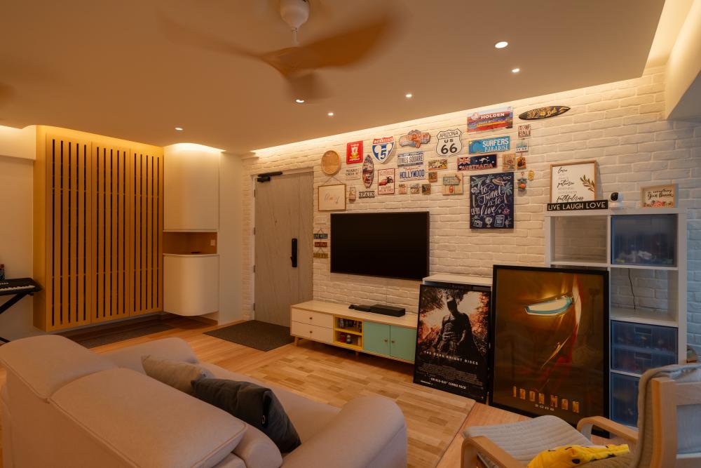Contemporary Living Room with Feature Wall and Drop Ceiling