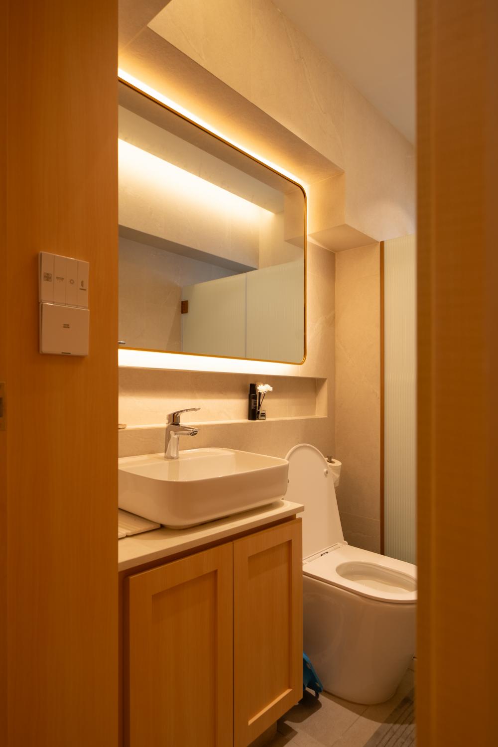 Contemporary Bathroom with Parquet Floor and Wood Flooring