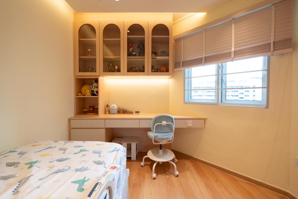 Contemporary Bedroom with Platform Bed and Drop Light