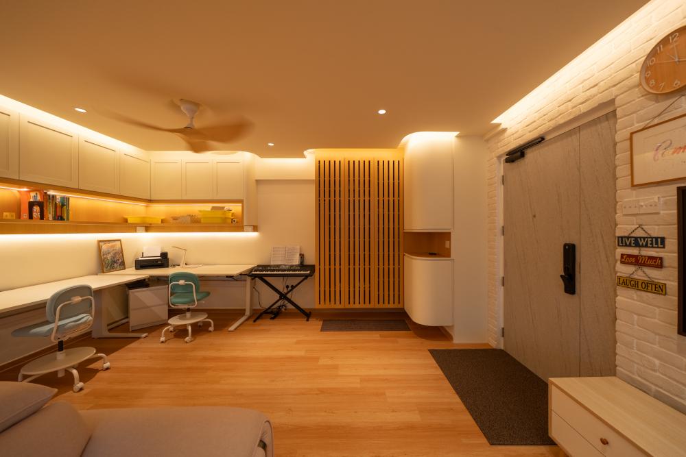 Contemporary Living Room with Countertop and Vinyl Flooring