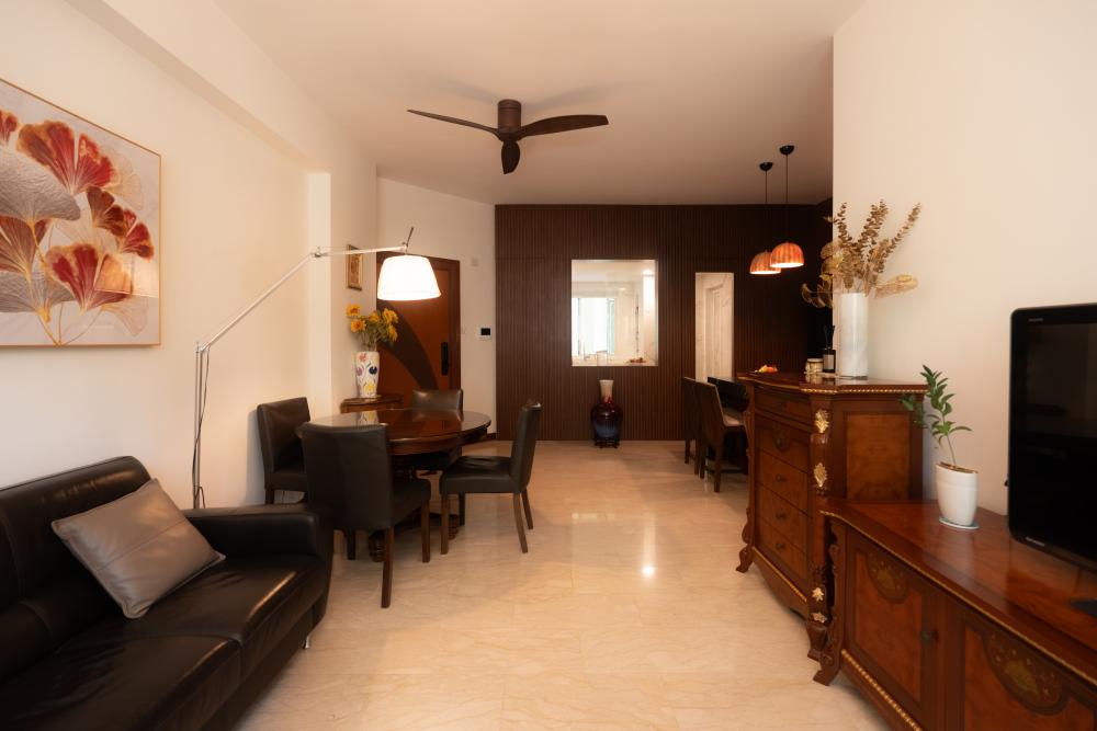 Contemporary Living Room with Drop Ceiling and Downlights