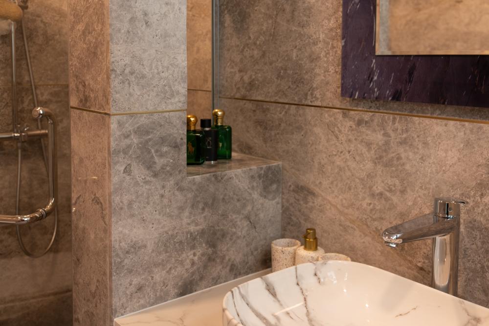 Contemporary Bathroom with Parquet Floor and Wood Flooring