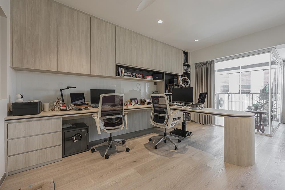 Asian Home Office with Bookshelf and Vinyl Flooring